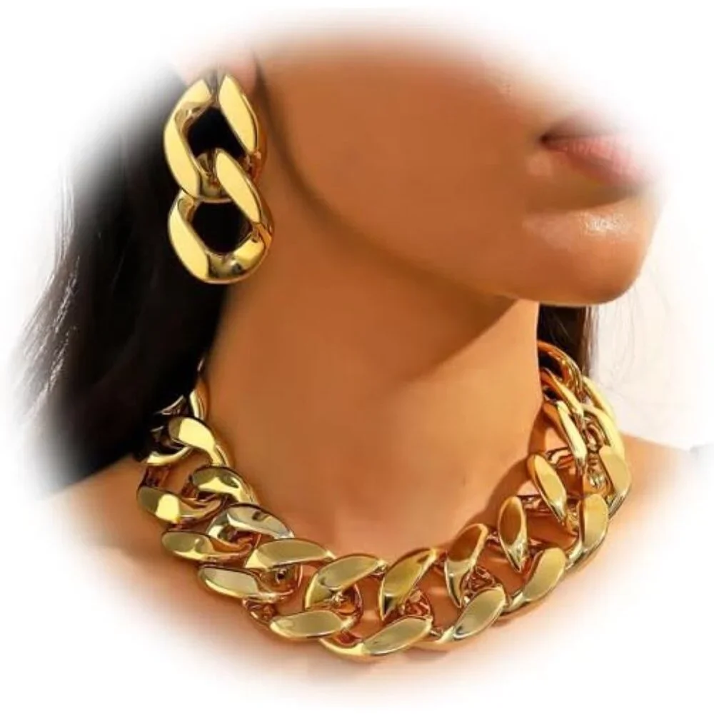 Acrylic Gold Chunky Chain Necklace Earrings Set for Women,Punk Short Thick Wide - Picture 1 of 9